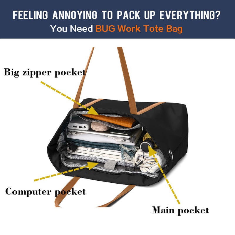 BUG Lightweight Women Laptop Tote Bag for Work, Casual Handbag for Travel Beach College Teacher Black - Image 4